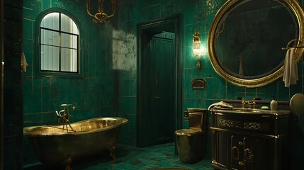 a bathroom with a green tiled wall - obrazy, fototapety, plakaty