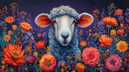 a painting of a sheep in a field of flowers with a blue sky in the background and a purple sky in the background.