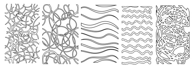 Black horizontal stickers with various hand-drawn pencil crosshatch textures. Vector Naive Doodle Patterns. Design elements for social media posts
