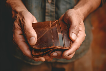 Poor man bankrupt with no credit in debt hand hold empty black leather wallet because economy down turn Empty wallet (no money) in the hands of an man - obrazy, fototapety, plakaty