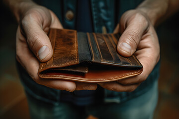 Poor man bankrupt with no credit in debt hand hold empty black leather wallet because economy down turn Empty wallet (no money) in the hands of an man - obrazy, fototapety, plakaty