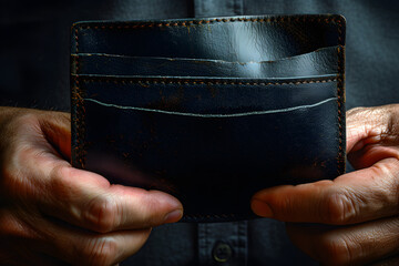 Poor man bankrupt with no credit in debt hand hold empty black leather wallet because economy down turn Empty wallet (no money) in the hands of an man