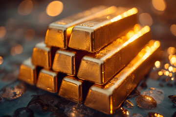 Polished gold bars neatly stacked, shining brilliantly on a dark, reflective surface