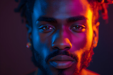 The retro wave or synth wave portrait of a young happy serious african man at studio. High Fashion male model in colorful bright neon lights posing on black background. Art design concept