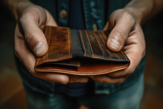 Poor man bankrupt with no credit in debt hand hold empty black leather wallet because economy down turn Empty wallet (no money) in the hands of an man