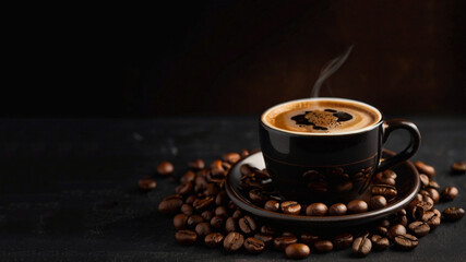 Obraz premium creative photo of a cup of coffee and coffee beans on a dark background, space for text, banner