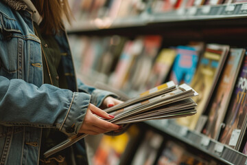 close-up shot of a patron perusing a selection of stylish magazines and periodicals in the library's periodical section, highlighting the diversity of literary offerings available - obrazy, fototapety, plakaty