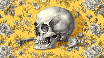 a black and white drawing of a skull on a yellow background with white and yellow flowers on the bottom half of it.