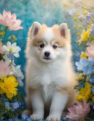 Fototapeta premium pomsky puppy in the floral garden