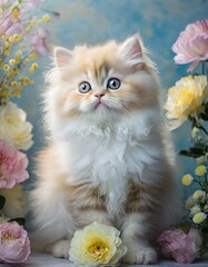 Persian kitten with flowers. Art card