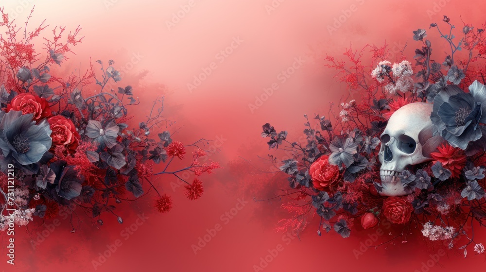 Poster two images of a skull and flowers on a red background with a white skull in the middle of the image.