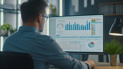 Financial analyst deeply focused on multiple computer screens displaying live stock market charts, in a modern office at night.