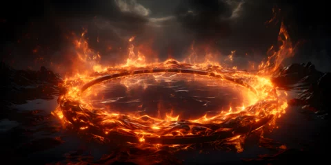Gordijnen Close up of fire burning on ring in dark © arte ador