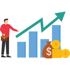 success concept, success in investment, Successful businessman holding coin in the graph, On the road to success, Positive thinking and successful achievement, flat vector illustration on blue backgro