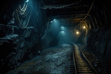 Fototapeta na wymiar Dark Tunnel With Train Track