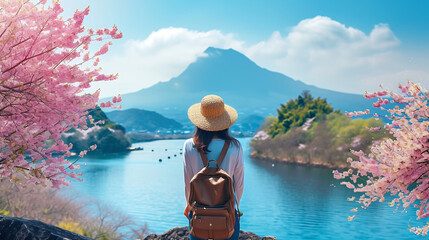 Asian woman traveler with backpack enjoys breathtaking views of mountains, sea, sakura blossom,and lakeside landscape in spring season.Relax and Wellness Holidays Concept. - obrazy, fototapety, plakaty