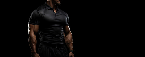 Fototapeta na wymiar Torso of an athletic man on a black background. Security service or gym banner concept with empty space for promotional text.