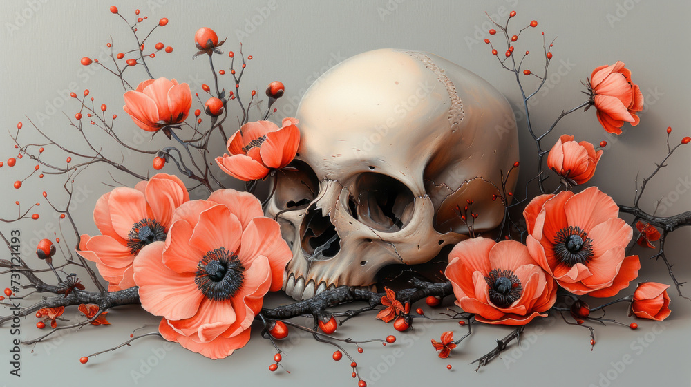 Poster a skull sitting on top of a branch with red flowers growing out of it and a branch with red flowers 