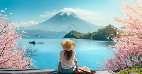 Papier Peint photo Rose clair Woman traveler with hat sitting on wooden terrace with beautiful view  of mountains, sea, sakura blossom,and lakeside landscape in spring season.Relax and Wellness Holidays Concept.