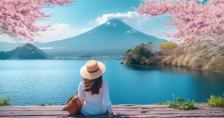 Türaufkleber Asian woman traveler with backpack enjoys breathtaking views of mountains, sea, sakura blossom,and lakeside landscape in spring season.Relax and Wellness Holidays Concept. © Emmy Ljs