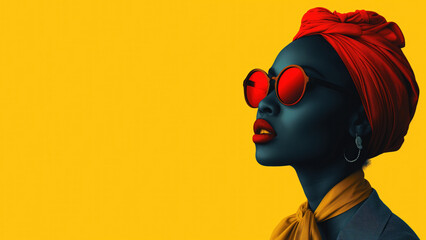 Pop art portrait of a black african woman with sunglasses on yellow background with copy space for...
