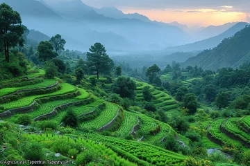 Foto op Canvas Agricultural Tapestry A scenic view of terraced fields in the hilly regions of Rural India, showcasing agricultural diversity © Create image