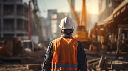 Builder worker in uniform on construction site background.