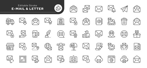 Set of line icons in linear style. Series - Mail, email and postal letter. Mailing. Post office and mailbox. Outline icon collection. Pictogram and infographic. Editable stroke. - obrazy, fototapety, plakaty