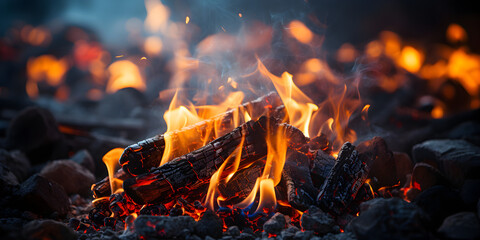 Close up of fire burning on firewood in dark