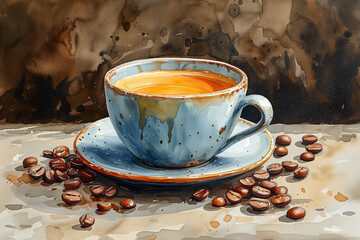 A cup of coffee is painted on canvas.