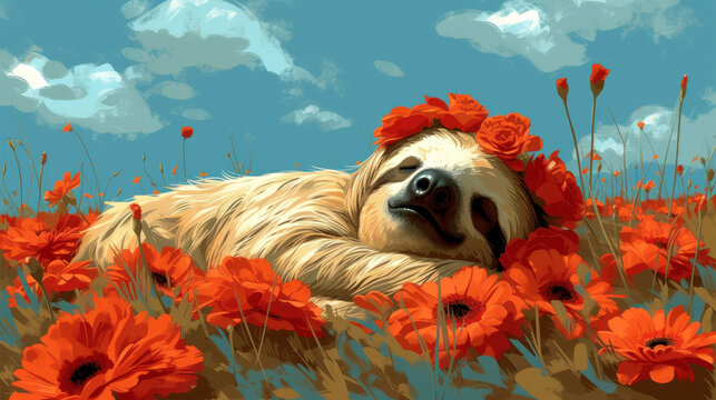 a painting of a dog laying in a field of red flowers with a blue sky in the background and clouds in the background.