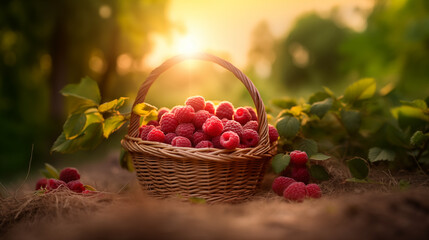 Fresh large raspberries berry in a basket against the background of a field of greenery and...