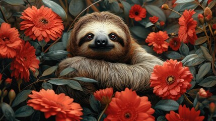 Fototapeta premium a painting of a sloth in the middle of a field of flowers with its head resting on a sloth's back.