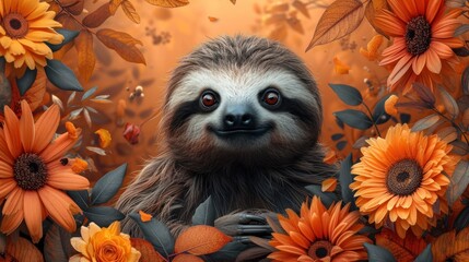 Fototapeta premium a painting of a sloth surrounded by orange and yellow flowers with leaves and flowers in the foreground and a background of leaves and flowers in the foreground.