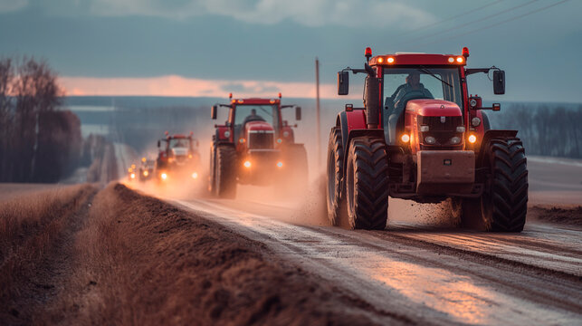 Tractores de los agricultores movilizandose por  para protestar en una huelga