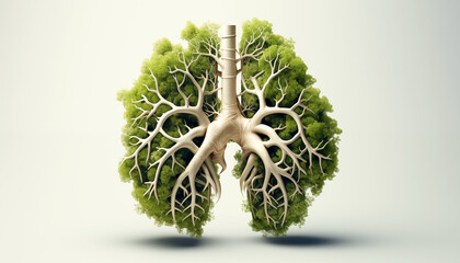 Green human lungs are made from tree branches with leaves on white background. Smoking free or Healthy lungs concept.   