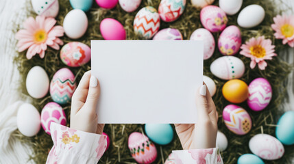 Top view of a woman hand holding a blank paper, sign on a lot of painted easter eggs decoration background with copy space for text. Happy Easter concept mockup. - Powered by Adobe