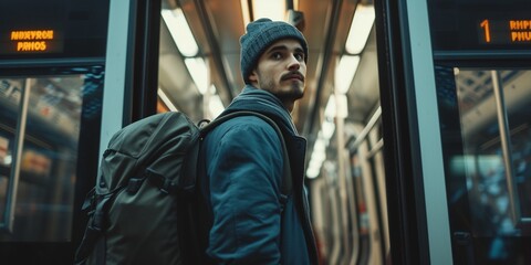 Naklejka premium Young man with backpack behind stands in front of the open doors of the subway and waiting for next train, looking at the camera, concept of waiting, traveling, adventure, wandering.