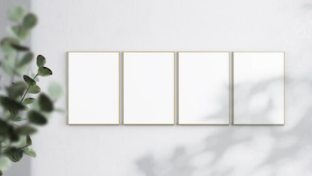 Four Wooden Frames A ISO Video Mockup in home interior, Poster Video Mockup, Shadow Motion Mockup