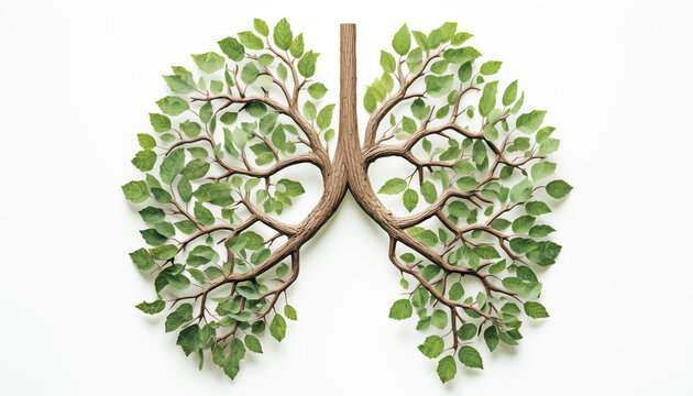Green human lungs are made from tree branches with leaves on white background. Smoking free or Healthy lungs concept.   