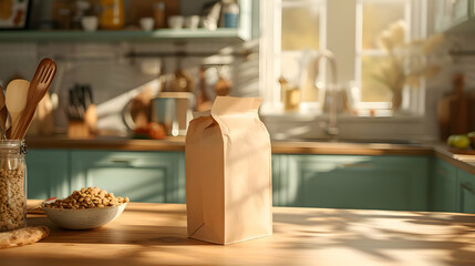 A mockup of kraft paper packaging on the cute kitchen table sunny day. High-resolution