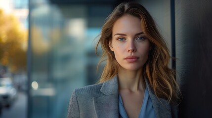 A businesswoman with long blonde hair is looking at the camera, and leaning against a wall with a blurred background. An independent working woman. Created with Generative AI.