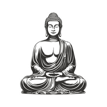 Vector silhouette of Buddha line drawing. Sketch of meditating buddah statue. Vector illustration isolated on white buddha sitting in lotus position asana	
