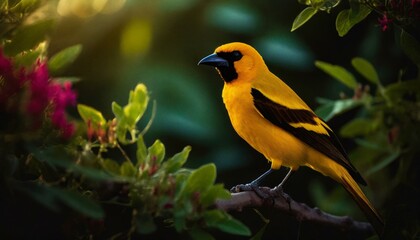 Naklejka premium African golden oriole bird in the forest