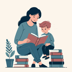 Children's Book Day. Mother and son reading books. Vector illustration in flat cartoon style.