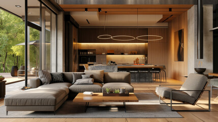 Open concept living room with connected kitchen featuring modern furniture, natural light, and wooden accents.
