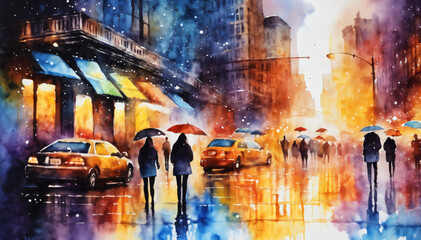 City Rain: Watercolor Impressions of Urban Life