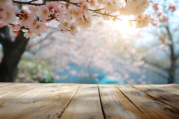 Naklejka na ściany i meble an empty light wooden table top on the background of a beautiful spring landscape with a blooming pink cherry in close-up , product presentation design concept, layout