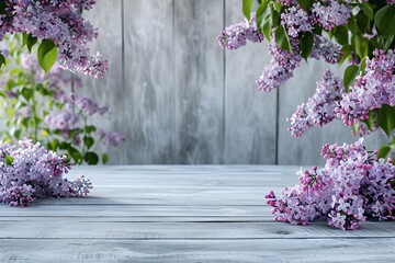 an empty light wooden table top with blooming branches of delicate purple lilac ,on a light gray wooden background,a place for text, a product presentation design concept, a layout