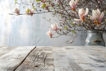 empty wooden table top with blooming magnolia flowers in a marble vase,on a light gray...